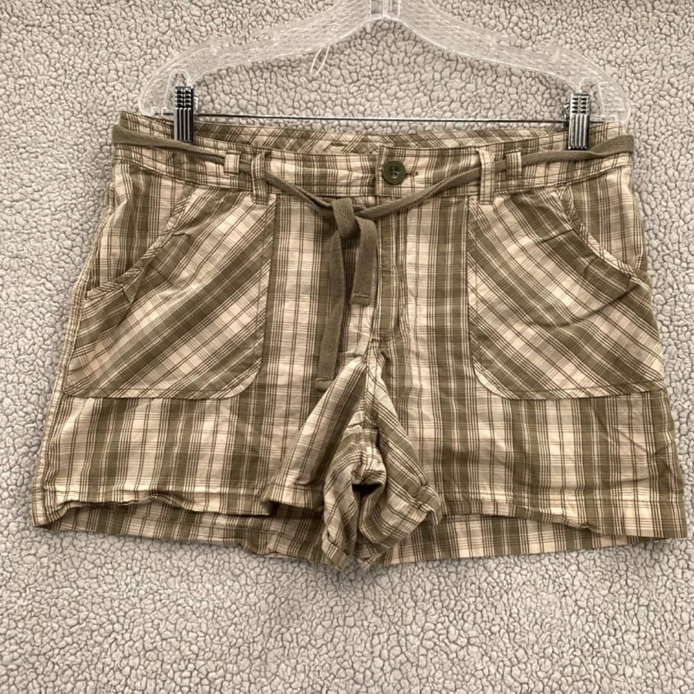 Bum Equipment Shorts Womens 12 Olive Green Light Tan Plaid Pockets Button Zip